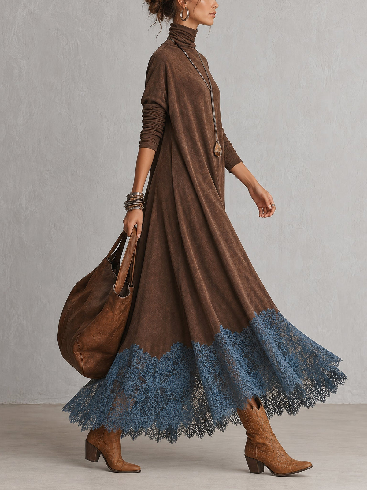 Piera - Vestido Largo con Efecto Ante y Bajo de Encaje