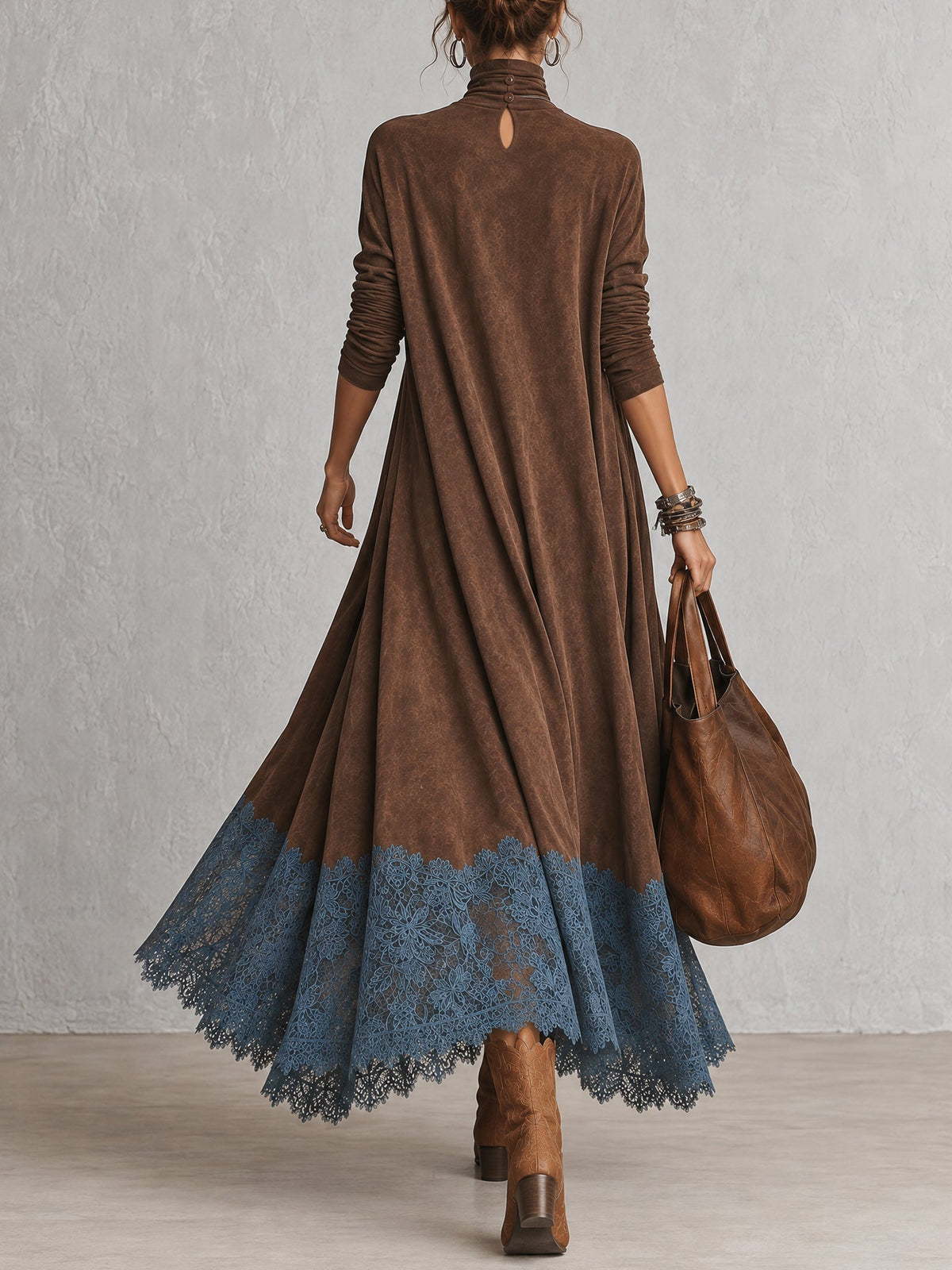 Piera - Vestido Largo con Efecto Ante y Bajo de Encaje