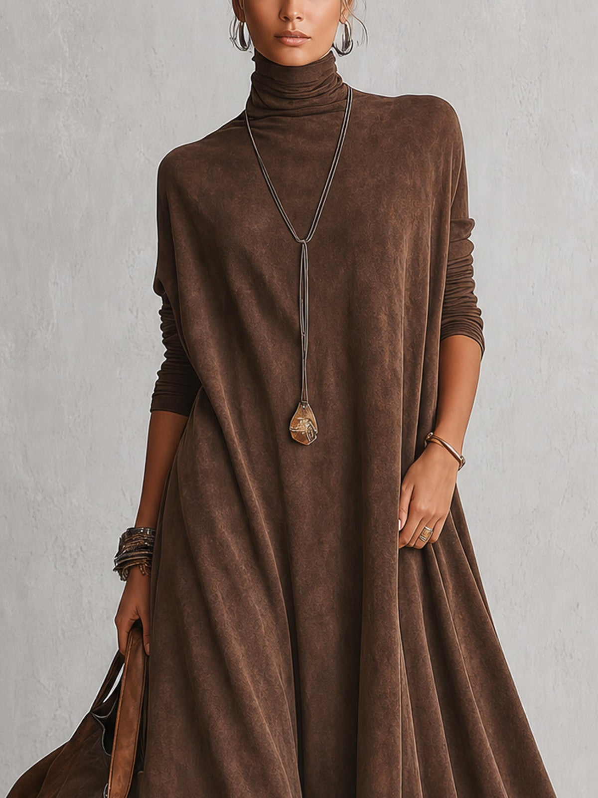 Piera - Vestido Largo con Efecto Ante y Bajo de Encaje