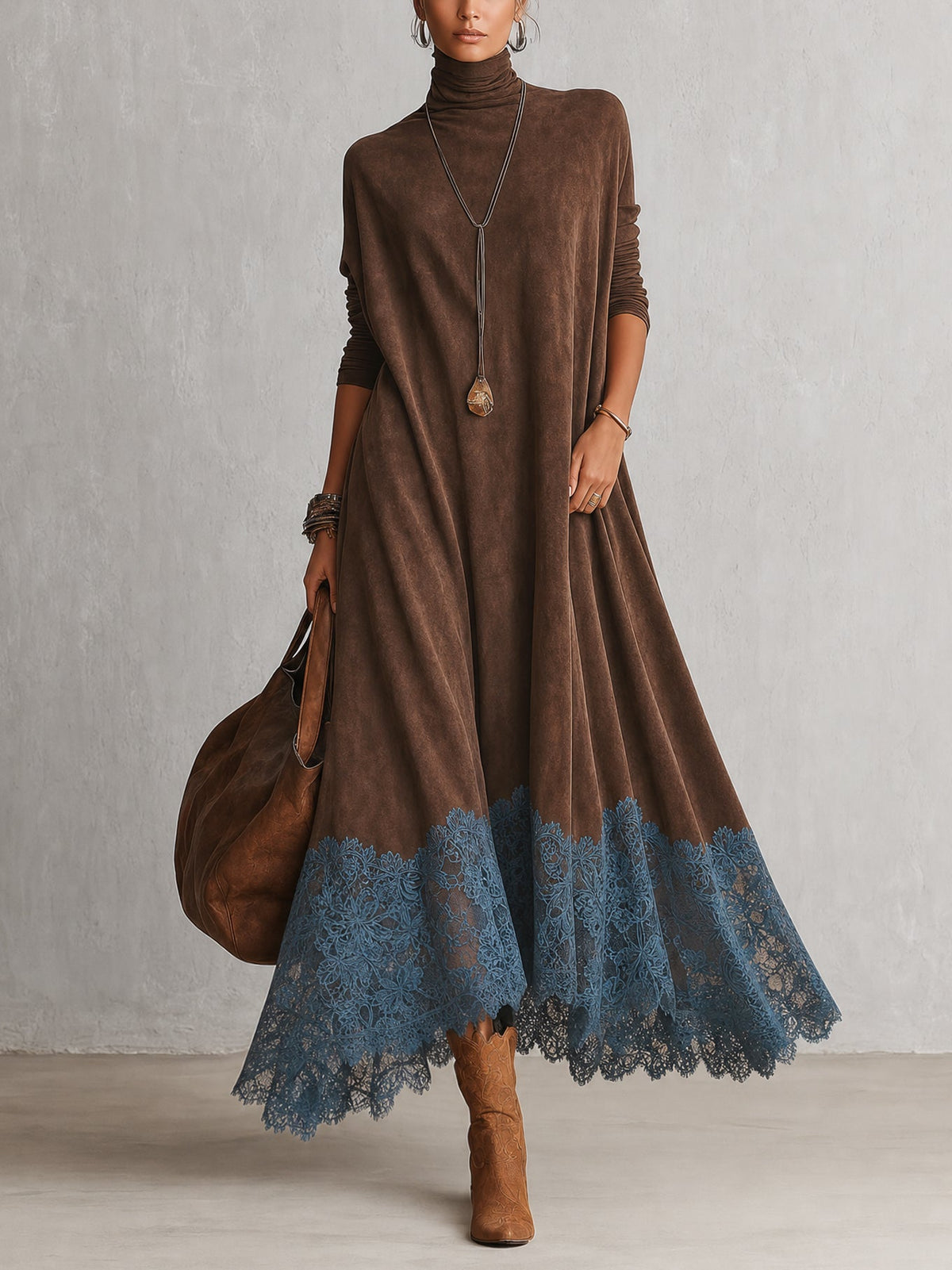 Piera - Vestido Largo con Efecto Ante y Bajo de Encaje