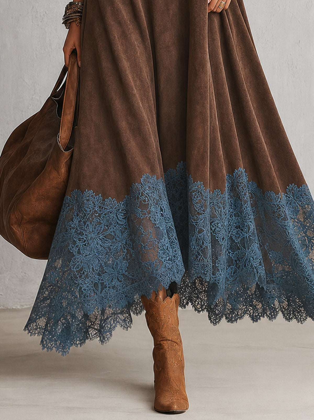 Piera - Vestido Largo con Efecto Ante y Bajo de Encaje
