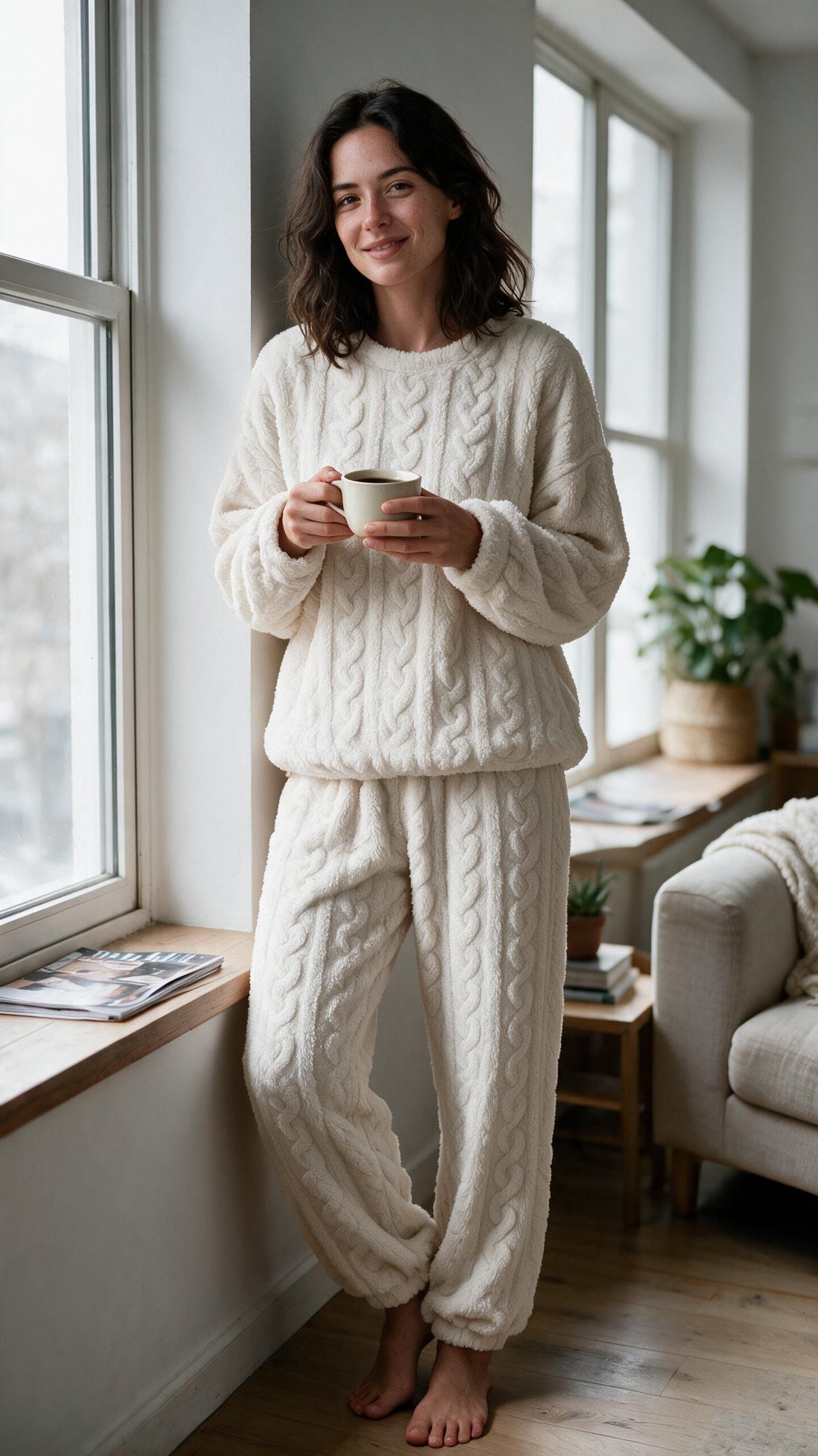 Conjunto cocooning de borreguito trenzado color crema, sudadera oversize y pantalón ancho