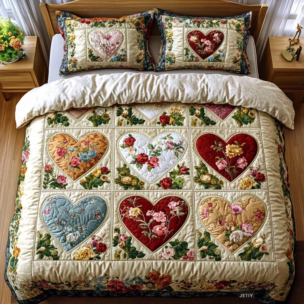 Juego de Cama Acolchado de 3 Piezas - Corazones Enamorados