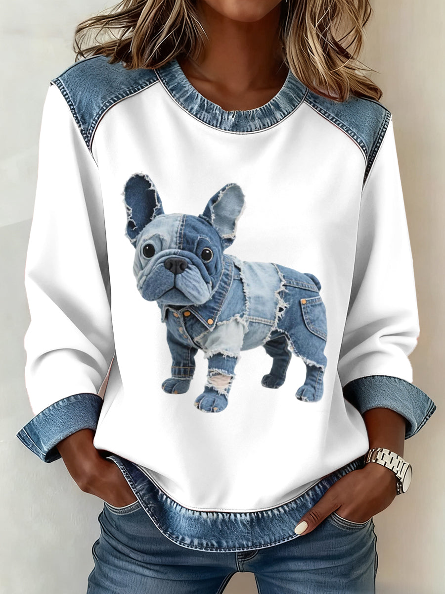 Alma - Sudadera con Patchwork Denim en Estilo Bulldog Francés